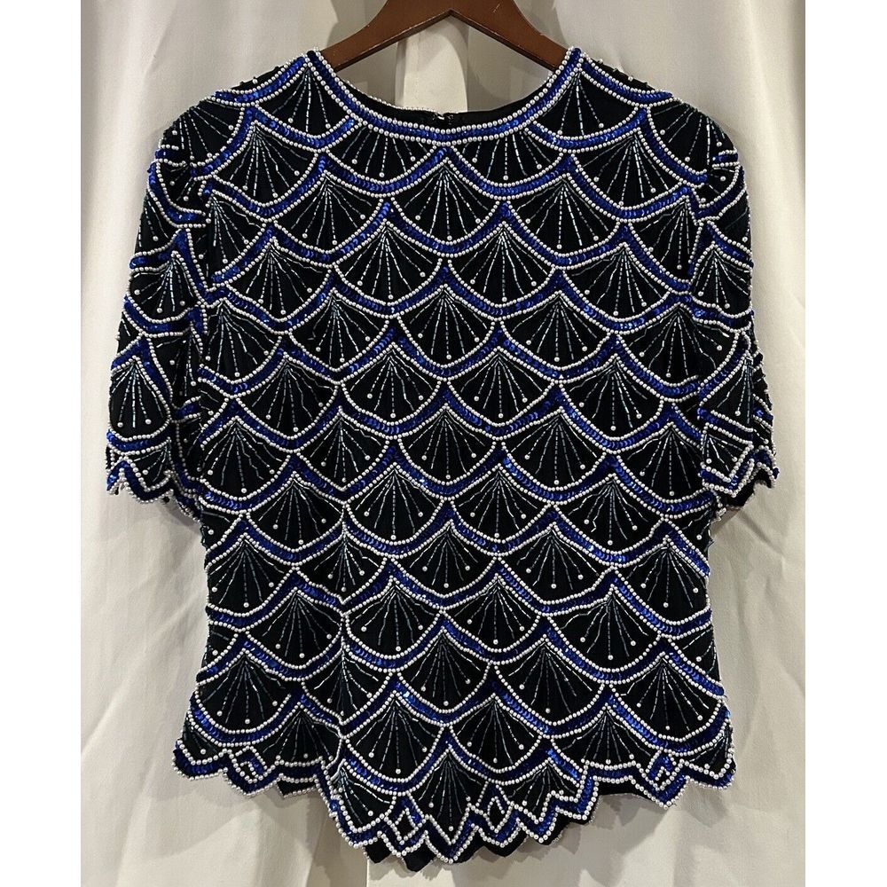 Lawrence Kazar Women's Beaded Silk Evening Top Black Blue Short Sleeve Size XL